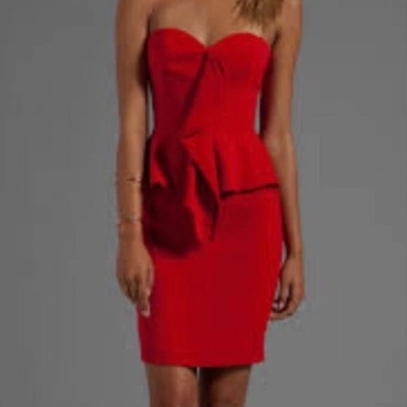 JAYGODFREY Strapless Red Hot Peplum Dress Birch Cascade Mini Womens 6 Cocktail - Picture 1 of 14